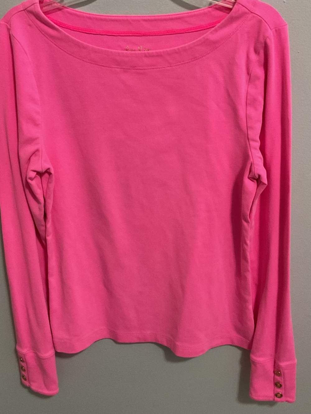 Lilly Pulitzer LS Boat Neck Neon Pink T-Shirt with Brass Button Detail, MED
